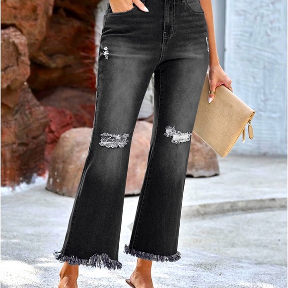Like New XXL Crop Flare Jeans High Waist Rip Distressed Wide Leg Stretch Raw Hem - Picture 6 of 10